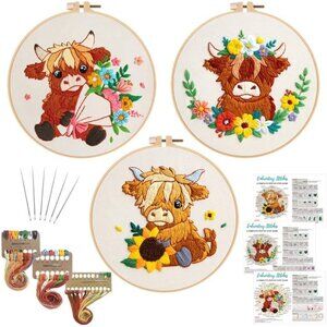 Highland Cow Embroidery Kit 3 Pack Embroidery Kits for Adults Beginners Starter